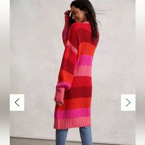 Anthropologie Red Pink Orange Striped Chunky Knit Cardigan